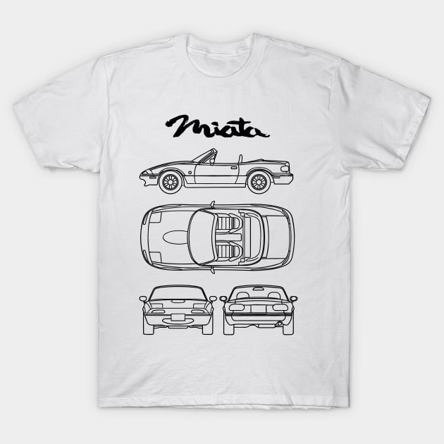 Miata NA MX-5 Blueprint Black - Mazda Miata T-Shirt by Industree Designs